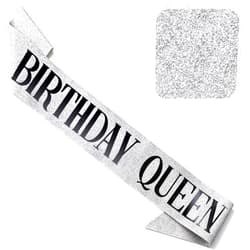 CORRURE 'Birthday Queen' Sash Glitter with Black Foil - Silver Glitter Happy Birthday Sash for Women - Party Favors Supplies and Decorations for Sweet 16, 18th 21st 30th 40th or Any Bday Party