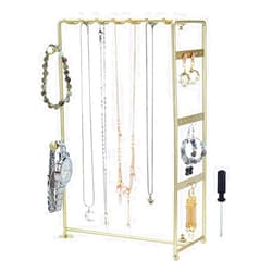 FINGERINSPIRE Metal Jewelry Organizer 8x4x12 inch Golden Stand Necklace Holder Organizer with 18 Holes & 7 Hooks Multi Purpose Earrings Necklaces Storage Rack Chain Storage Rack