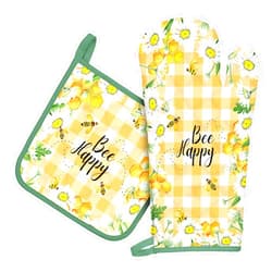 Arquiel Bee Daisy Oven Mitts and Pot Holders Sets 100% Cotton Heat Resistant, Extra Long Oven Gloves Potholder for Kitchen Cooking Baking Housewarming