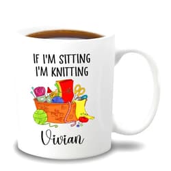 BixDori If I'm Sitting I'm Knitting Cup, Customized Crocheting Knitting Tea Mug With Name, Crochet Lover Porcelain Mug, Custom Crochet Cup For Coworker Friend, Personalized Craft Cup, White Mug 11oz 15oz