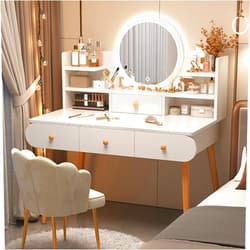 RUYICZB Makeup Vanity Table with 3 Drawers & 4 Shelves, Vanity Desk with LED Lighted Mirror, Lighting Adjustable Brightness, Dressing Vanity Tables with Stool for Women Girls, Bedroom,White