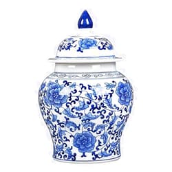 DUJEFF Ancient Chinese Style Blue and White Ginger Jar Vase, Food Tea Canister Container Storage, 27cm Tall Porcelain Flower Pot Planter Floral Print Centerpiece Home Decor