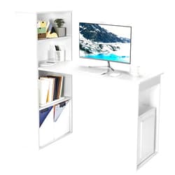 Tangkula White Computer Desk with Bookshelf, Writing Study Desk with Storage Shelves & CPU Stand, Modern Compact Computer Workstation for Home & Office, Space-Saving Design