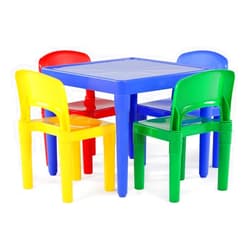 Humble Crew, Blue Primary Kids Lightweight Plastic Table & 4 Chairs Set, Square