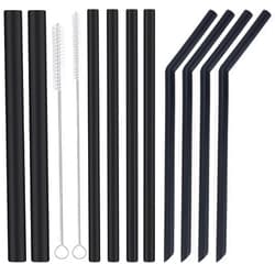 ALINK 10-Pack Black Reusable Silicone Straws, 2 Large Silicone Boba Straws, 8 Long Smoothie Straws for 30 oz 20 oz Tumblers, Milkshakes, Bubble Tea, Tapioca Pearl With 2 Brush and Case, 10 Inch