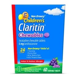 Claritin Children's Claritin Chewables 24 Hour Allergy Relief, Non Drowsy Kids Allergy Medicine, Grape Antihistamine Chewable Tablets, 60 Count