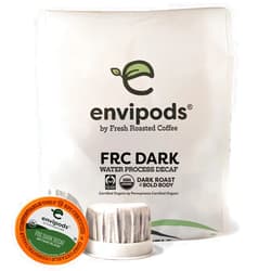 Fresh Roasted Coffee, Fair Trade Organic FRC Dark Roast Decaf Water Processed Compostable Envipods, Dark Roast, Kosher, 12 Count, for Keurig K Cup Brewers | Not for use in Ninja or Hamilton Beach Brewers