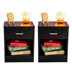 HOBBYN Nightstand,Set of 2 Cabinet End Tables Pair Bedroom Table Furniture Multiple Colors with Drawer & Basket (black)