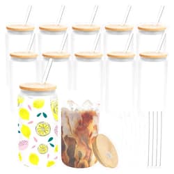 MOVNO 12 Pack Sublimation Cups - 16oz Frosted Glass Cups with Bamboo Lids and Straws Sublimation Glass Blanks Beer Can Shaped Cups Sublimation Glass Tumblers for Iced Coffee Juice Soda Drinks