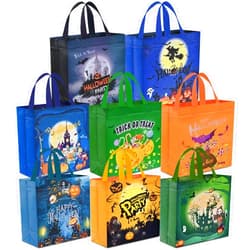 AhfuLife 16 Pcs Halloween Trick or Treat Bags, Halloween Candy Tote Bags with Handles for Kids, Reusable Halloween Non-Woven Gift Bags for Halloween Party Supplies Favors (7.8×7.8×3.1’’)