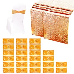 Aulufft 24 Pcs Gold Sequin Chair Sashes and 2 Pcs Sequin Table Runners Set Chair Slider Elastic Cover Bands with Bows Glitter Sashes for Party Wedding Banquet Holiday Decoration
