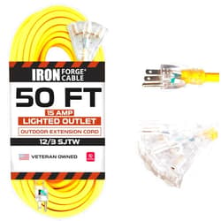 Iron Forge Cable 50 Foot Lighted Outdoor Extension Cord with 3 Electrical Power Outlets - 12/3 SJTW Heavy Duty Yellow Extension Cable with 3 Prong Grounded Plug for Safety, 15 AMP