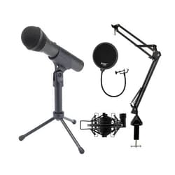 Samson Q2U Handheld Dynamic XLR/USB Microphone Bundle with Desktop Boom Arm Stand, Shock Mount, and Pop Filter (4 Items)