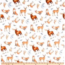 Northcott Christmas Woodland Animal Toss White Multi Quilt Fabric By The Yard