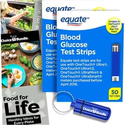 Choice Bundle Equate Blood Glucose Test Strips for OneTouch Ultra, Ultra 2, Ultra Mini, One Touch Ultra Smart 50 Ct 2 Pk Choice Bundle (100 Total) + Food Guide & Pill Container (4 Items)!