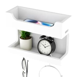 NiHome Wall Mounted Wooden Bedside Accessories Organizer, Double Tray Bedside Wall Storage Shelf Rack with Magnetic Hooks,Bedroom Dorm RV Wall Caddy Holder for Phone Glasses Alarm Clock Remote (White)