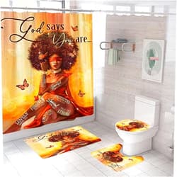 HLLbuy 4PCS Blindfolded Lady African American Shower Curtain Set with Rugs and Accessories Bathroom Sets with Fabric Shower