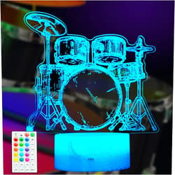 POSSHE Drum Night Light, Drummer Gifts, Drum 3D Illusion Lamp, 16 Colors Changing, Timer, 4 Flash Modes and Dimmable Kids Room Musical Instrument Shop Music Decoration