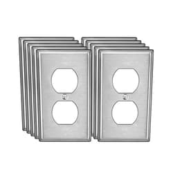 BESTTEN 10 Pack Duplex Receptacle Metal Wall Plate with Protective Film, 1 Gang Standard Industrial Stainless Steel Outlet Cover, Durable Corrosion Resistant, Brushed Finish, Silver