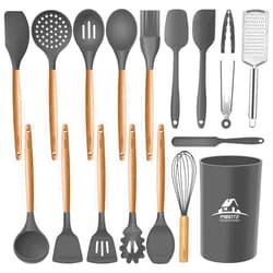 MIBOTE 17 Pcs Silicone Cooking Kitchen Utensils Set with Holder, Wooden Handles Silicone Turner Tongs Spatula Spoon Kitchen Gadgets Utensil Set for Nonstick Cookware (Grey)