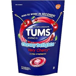 TUMS Chewy Delights Antacid Relief Calcium Soft Chews, Very Cherry Flavour, Ultra Strength, 32 ct