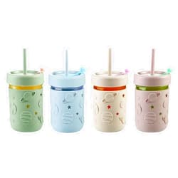 PandaEar 4 Pack Kids & Toddler Glass Cups, Glass Mason Jar Cups 8.45 oz with Silicone Sleeves & Straws, Toddler Spill-Proof Smoothie Cups