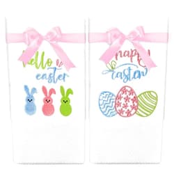 Whaline 2Pcs Easter Hand Towels Cotton Embroidered Colorful Eggs Bunny Bathroom Towel with Pink Ribbon Spring Rabbit Dish Towel for Hand Drying Cleaning Cooking Gift