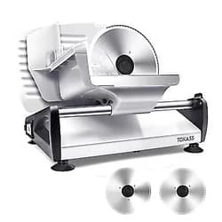 TOKASS Meat Slicer, TOKASS 200W Electric Deli Food Slicer with Two Removable 7.5’’ Stainless Steel Blades and Food Carriage, 0-15mm Adjustable Thickness Meat Slicer for Home, Food Slicer Machine- Silver