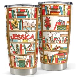 SANDJEST Personalized Book Tumbler Cats And Books 20oz 30oz Tumblers with Lid Gift for Women Girl Daughter Sister Mom Cat Lovers Book Lovers Christmas Birthday