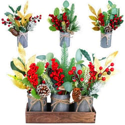 Winlyn Set of 3 Small Christmas Floral Arrangement Assorted Holly Red Berry Pine Cone Picks Artificial Christmas Picks in Rustic Galvanized Pots with Wood Box for Farmhouse Christmas Centerpiece Table Decor