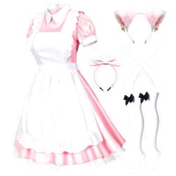 Wannsee Japanese Anime 6Pcs Lolita French Maid Apron Fancy Dress Cosplay Costume Gloves Headwear Socks set(Pink M)