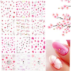 RYAOLFLY Sakura Nail Art Stickers Pink Flower Nail Supplies, Cherry Blossoms Tree with Leaves Water Transfer Nail Decals Wraps for Acrylic Nails Women Fashion Design for Girl (12 Sheet)