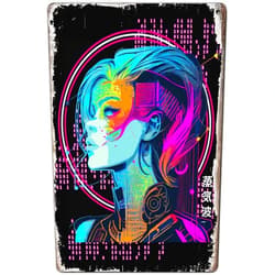 OPICA Metal Tin Sign Colorful Cyberpunk Girl Poster Wall Decor Fun for Home Kitchen Bar Room Garage Vintage Retro Plaque 12x8 Inch