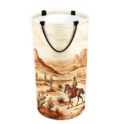 QMNDWE West Desert Cactus With Cowboys Riding Horses Laundry Basket Collapsible Round Waterproof Large Storage Bin With Double Handles Clothes Storage Bucket For Laundry Bedroom Kids Room