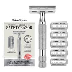 ROCKWELL RAZORS 2C White Chrome Double Edge Safety Razor With Adjustable Shave Settings and 5 Fully Recyclable Razor Blades. Reusable Safety Razors for Men and Women.