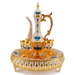 Igtazy Turkish Coffee Cup and Tea Pot Set Including Teapot,Tea Tray,6 Metal Cups,Tea Service Set for Tea Table Decor,Hip Flask (Blue Flower)