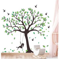 Buiory Giant Tree Wall Decal Removable Falling Green Leaves Wall Sticker DIY Peel and Stick Art Decor Black Tree Wall Sticker for Baby Kids Girls Bedroom Classroom Nursery Walls Background Decorations