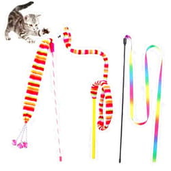 KABASI Cat Wand Rainbow Toy, 3 Styles Funny Interactive Cat Toys, Cuddly Stuffed Snake Cat Toy on Stick with Bell, Colorful Sounding Toys, Rainbow Ribbon Wand for Kittens Training