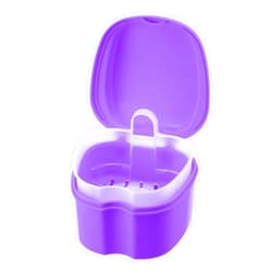 Annhua Denture Soaking Cup Dental Retainer Case Cleaning with Strainer Basket, Orthodontic Bath Box Mouthguard Storage Holder - Leak Proof and Lid Waterproof - Purple