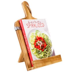 MyGift Wooden Cook Book Holder, Burnt Wood Cutting Board Shaped Rustic Cookbook Stand with Galvanized Silver Metal Accent, Easel Style Recipe Book Stand