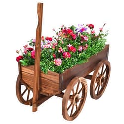 Giantex Wood Wagon Flower Planter Pot Stand W/Wheels Home Garden Outdoor Decor