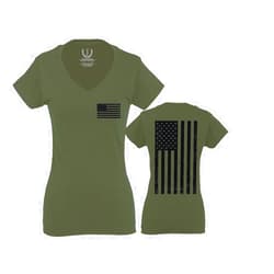 VICES AND VIRTUES Vintage American Flag United States of America Military Army Marine us Navy USA for Women V Neck Fitted T Shirt