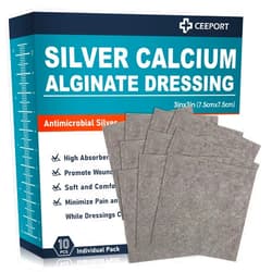 Ceeport Ag Silver Calcium Alginate Wound Dressing Pads 3'' x 3'' (Pack of 10), Soft Highly Absorbent Silver Wound Dressing, Non-Adhesive Dressing for Wound Care, Painless Removal Gauze Pads for Wounds