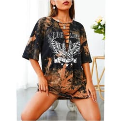 IGSY Dresses for Women Women's Dress Wings & Letter Graphic Tie Dye Cut Out Drop Shoulder Tee Dress Dresses (Color : Multicolor, Size : Large)