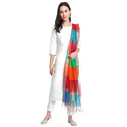 Janasya Indian Women's Beige Block Print Kurta with Palazzo and Dupatta