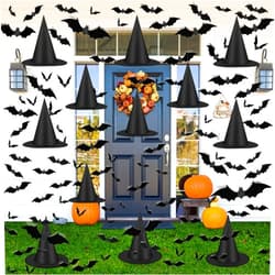 Famoby 12pcs Halloween Black Witch Hat with 157 FT Nylon Cord &120pcs Bat Sticker for Indoor Outdoor Home Yard Porch Ceiling Halloween Party Decorations