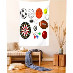 Lunarable Sports Tapestry Twin Size, Variety of Activities Different Games Balls Dartboard Hockey Puck and Pins, Wall Hanging Bedspread Bed Cover Wall Decor, Twin Size, Orange Black