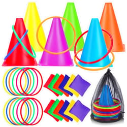 Visen 3 in 1 Carnival Games Set,31PCS Bean Bag Toss Games Combo Set,Soft Plastic Cones,Cornhole Bean Bags Ring Toss Game for Kids Adults Birthday Party Indoor Outdoor Games Supplies,Obstacle Course Supplies