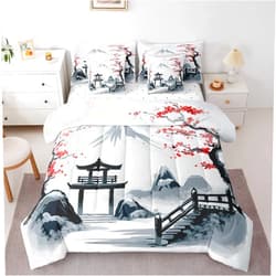 Erosebridal Japanese Style Comforter Set Oriental Ink Painting Bedding Comforter Sets, Cherry Blossoms Bed in a Bag Mount Fuji Bedding King Size 7pcs, White Grey Red Bedding Accessories