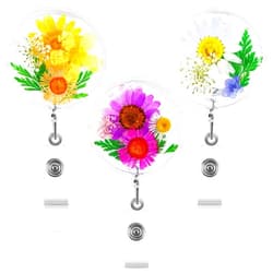 OXDFK 3 PCS Retractable Dried Flower Badge Reel Holder, Convenient Nurse Badge Reel Clip, Handmade Dried Flower Resin Badge Reel for Teacher Nurse Doctor Worker